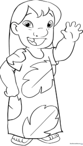 Black and white line art of Lilo Pelekai from Lilo & Stitch, featuring clear outlines for easy coloring by children.