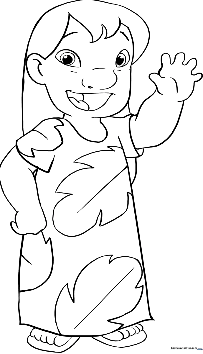 Black and white line art of Lilo Pelekai from Lilo & Stitch, featuring clear outlines for easy coloring by children.