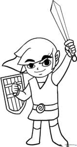 Black and white line art of Link from The Legend of Zelda standing in a heroic pose, featuring clear outlines for easy coloring by children.