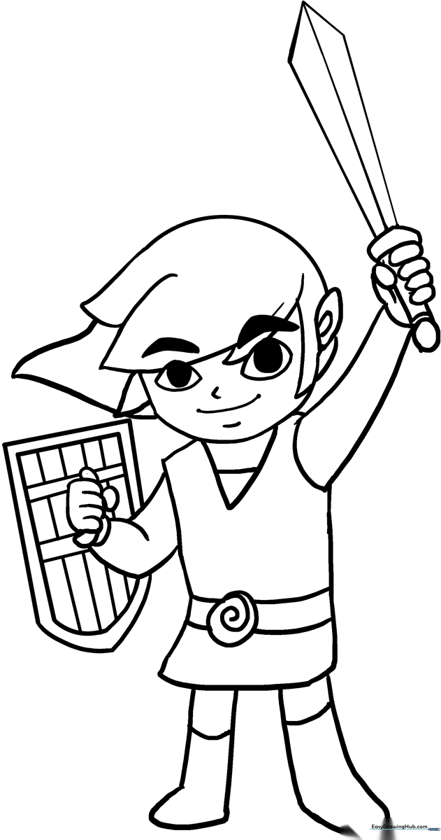 Black and white line art of Link from The Legend of Zelda standing in a heroic pose, featuring clear outlines for easy coloring by children.