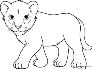 Black and white line art of a cute lion cub sitting, featuring bold outlines perfect for young children to color with crayons or markers.