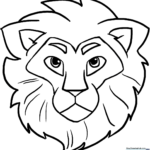 A friendly cartoon lion head with a large, flowing mane and expressive eyes, outlined in bold black lines for easy coloring.