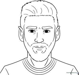 Black and white line art of Lionel Messi in a soccer jersey, featuring clear outlines for easy coloring by children.