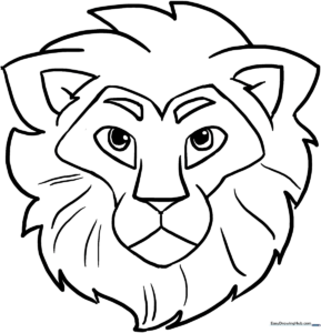 Close-up lion head line art with thick outlines for easy coloring practice