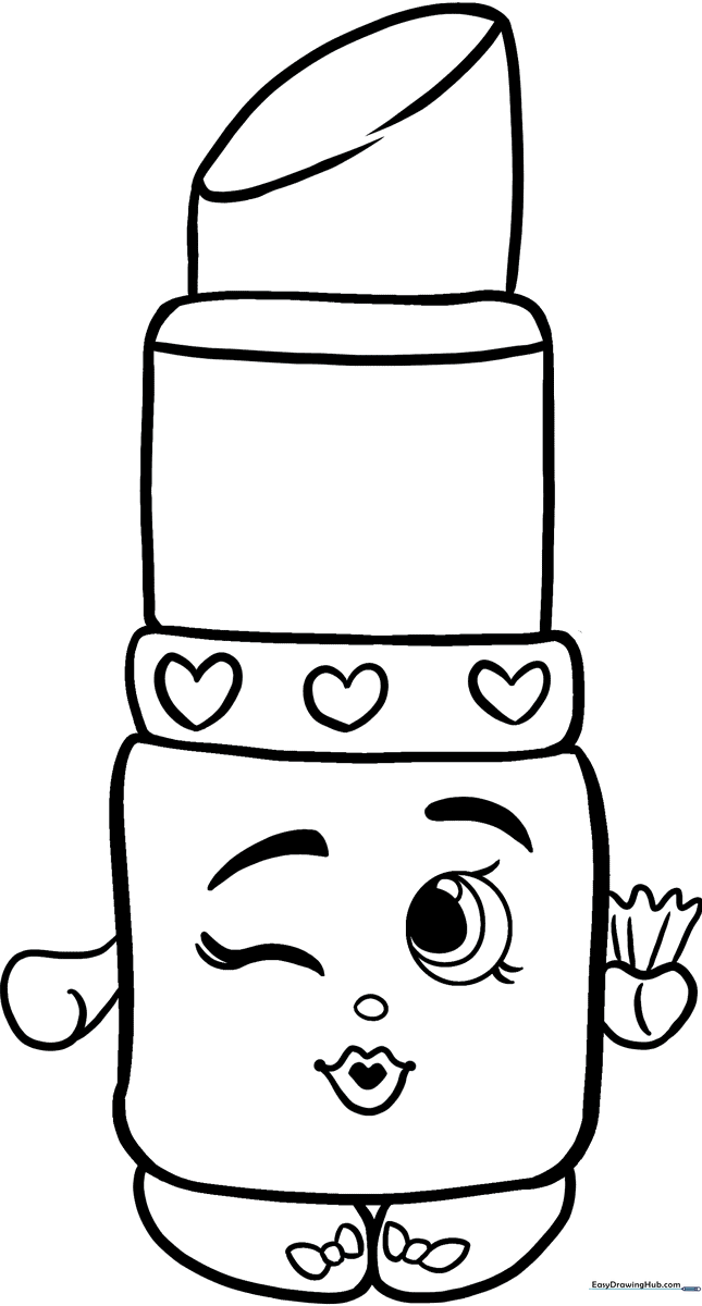 Black and white line art of Lippy Lips from Shopkins, featuring bold outlines perfect for young children practicing coloring within the lines.