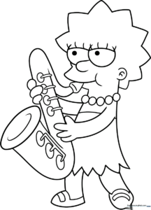 Black and white line art of Lisa Simpson standing, featuring clear outlines for children to color with markers or crayons.