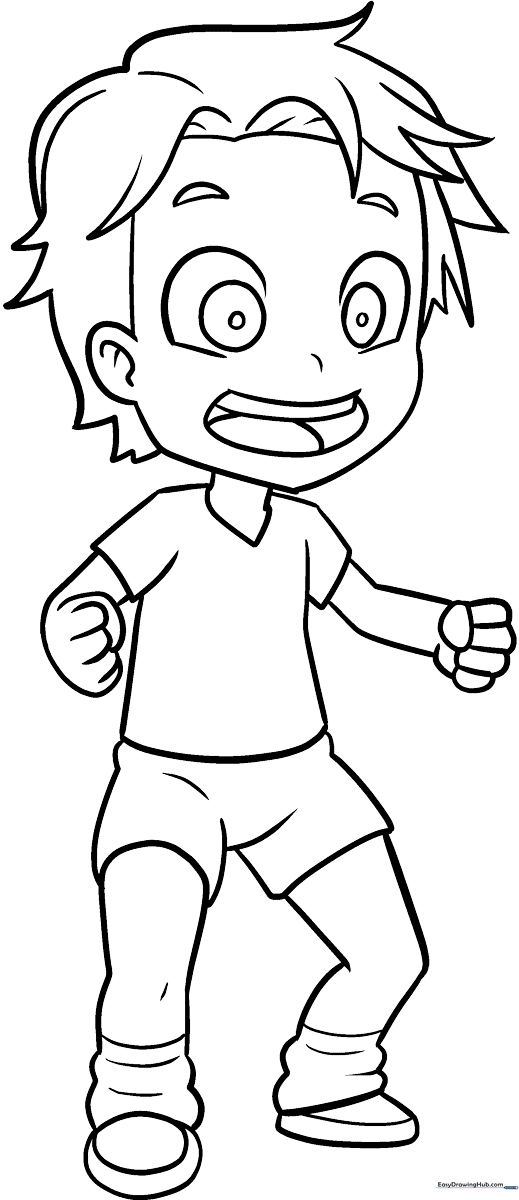Line art of a young anime boy with spiky hair and casual clothing, ready for coloring on a white background.
