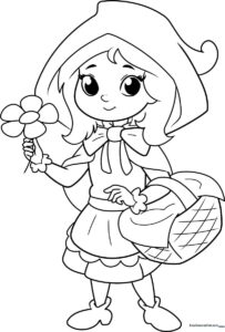 A clean, black-and-white line art illustration of Little Red Riding Hood wearing her iconic hooded cape, designed for children to color.