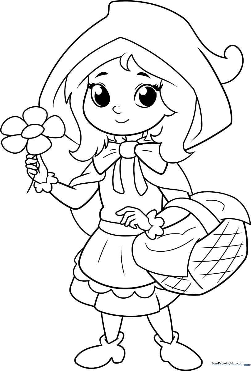 A clean, black-and-white line art illustration of Little Red Riding Hood wearing her iconic hooded cape, designed for children to color.