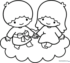 Black and white line art of Kiki and Lala, the Little Twin Stars, ready for children to color with crayons or markers.