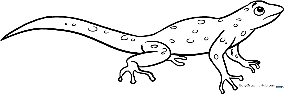 Black and white line art of a friendly lizard with a long tail, designed as a printable coloring activity for children.