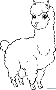 A friendly cartoon llama with a fluffy coat and expressive eyes, outlined in bold black lines for easy coloring by children.