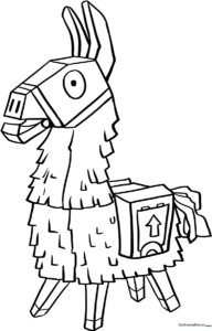 Black and white line art of the Fortnite Supply Llama character, featuring distinct geometric shapes and saddle details ready for coloring.