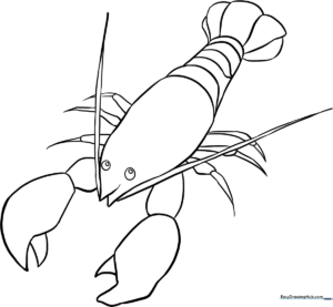 Black and white line art of a lobster with large claws and long antennae, designed for children to color.