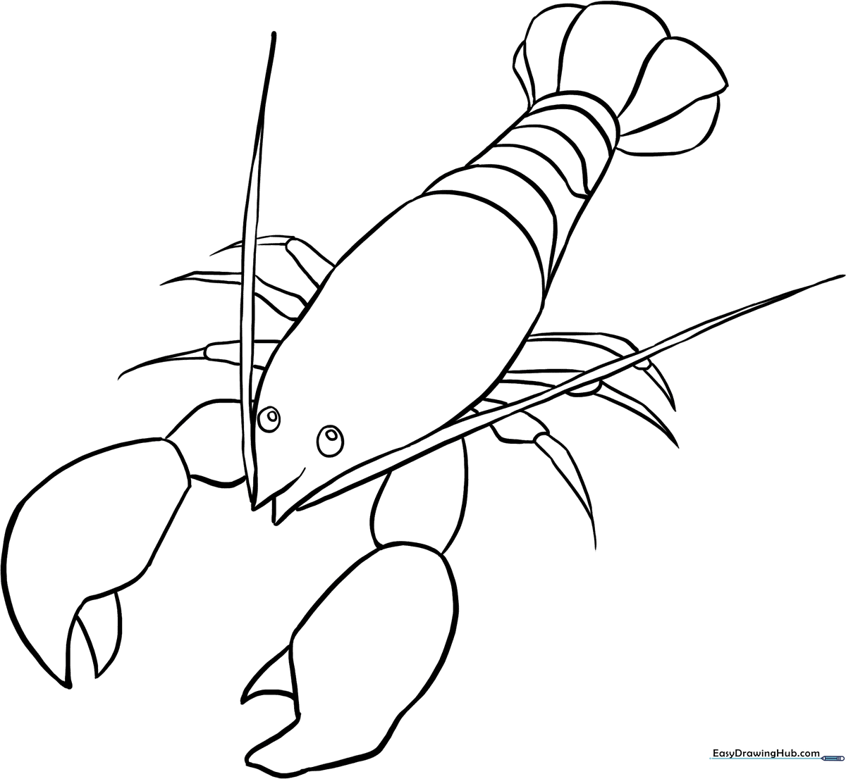 Black and white line art of a lobster with large claws and long antennae, designed for children to color.