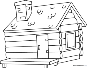 Black and white line art of a rustic log cabin with a chimney and windows, designed for children to color.