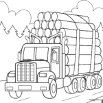 Black and white line art of a logging truck with a flatbed trailer loaded with logs, designed for children to color.