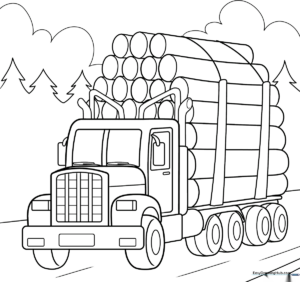 Black and white line art of a logging truck with a flatbed trailer loaded with logs, designed for children to color.