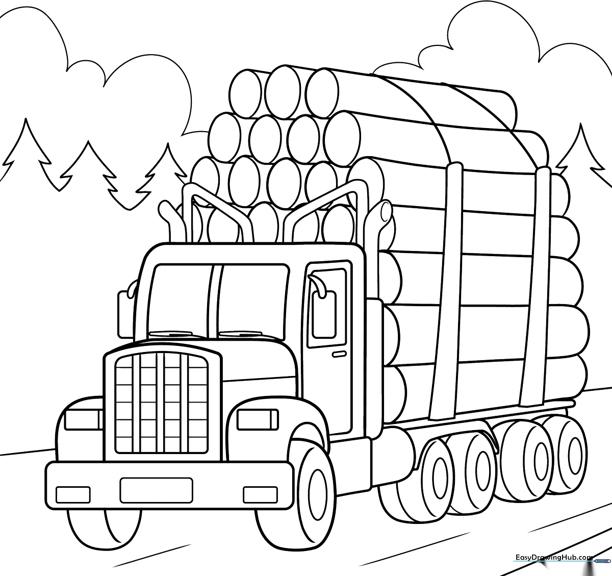 Black and white line art of a logging truck with a flatbed trailer loaded with logs, designed for children to color.