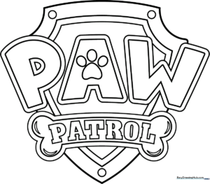 Printable Paw Patrol shield logo coloring page with bold outlines for easy coloring practice.