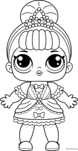 Black and white line art of an LOL Surprise doll with large expressive eyes and stylish hair, ready for children to color.