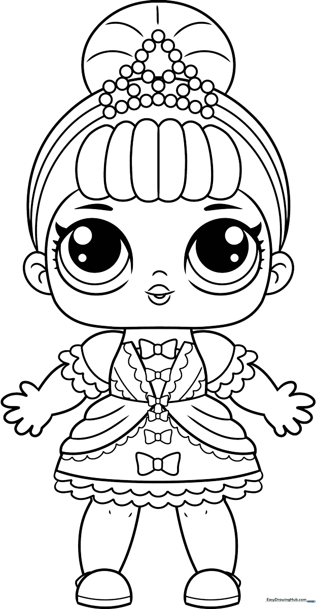 Black and white line art of an LOL Surprise doll with large expressive eyes and stylish hair, ready for children to color.