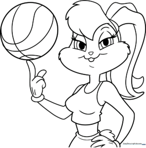 Black and white line art of Lola Bunny standing in a confident pose, ready for children to color with crayons or markers.