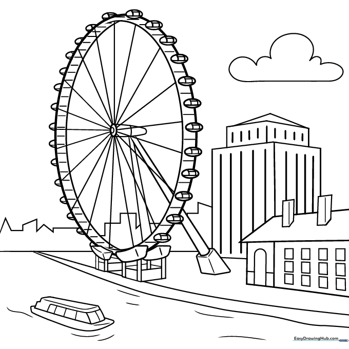 Black and white line art of the London Eye observation wheel, featuring clear circular geometry and passenger capsules for kids to color.
