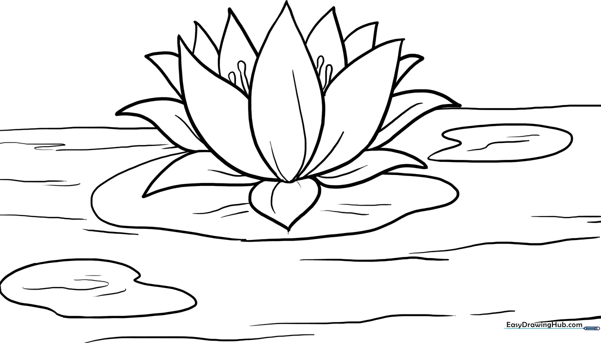 Black and white line art of a lotus flower with symmetrical petals, ready for children to color.