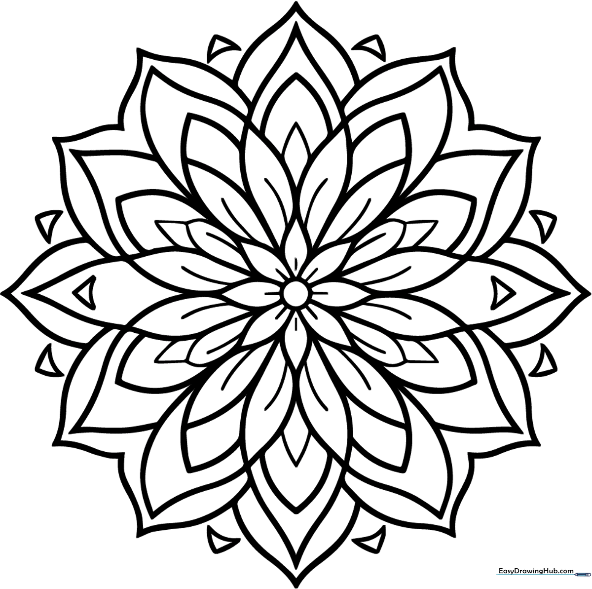 Black and white line art of a symmetrical lotus flower mandala with intricate petal patterns, designed for children to color.