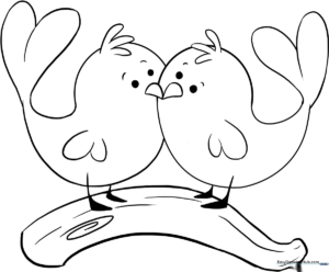 Two cute love birds perched together with clean, bold outlines for easy coloring by children.