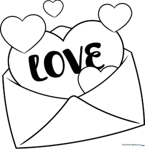 Black and white line art of a cute envelope with a heart seal surrounded by floating hearts, ready for children to color.