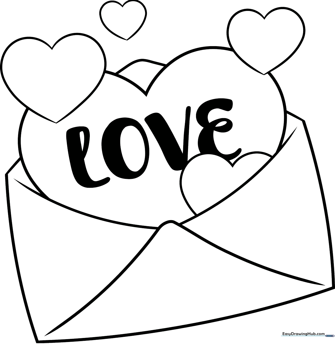 Black and white line art of a cute envelope with a heart seal surrounded by floating hearts, ready for children to color.