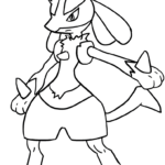 Black and white line art of Lucario in a dynamic standing pose, featuring clear outlines for easy coloring by children.