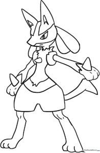 Black and white line art of Lucario in a dynamic standing pose, featuring clear outlines for easy coloring by children.