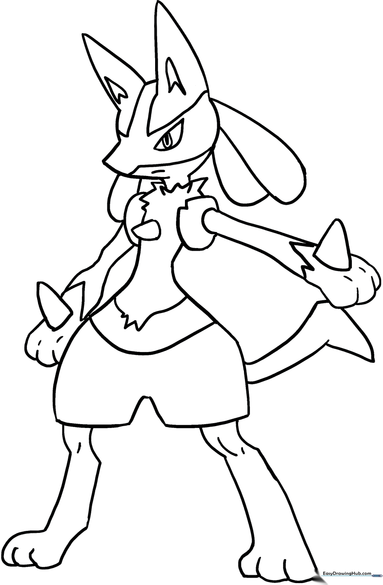 Black and white line art of Lucario in a dynamic standing pose, featuring clear outlines for easy coloring by children.