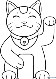A friendly Lucky Cat character with a raised paw, featuring clean, thick black outlines on a white background, ideal for children's coloring practice.