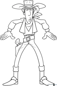 Line art illustration of Lucky Luke the cowboy standing in a classic pose, ready for coloring with clear, bold outlines.