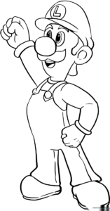 Black and white line art of Luigi from Super Mario Bros, featuring his signature cap, overalls, and mustache, ready for coloring.