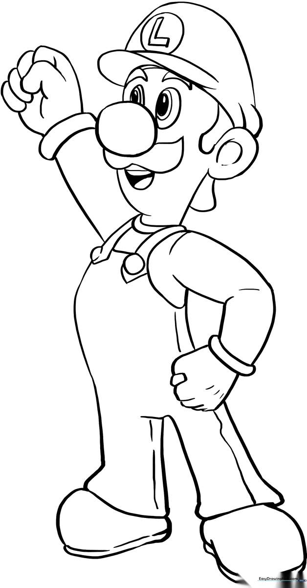 Black and white line art of Luigi from Super Mario Bros, featuring his signature cap, overalls, and mustache, ready for coloring.