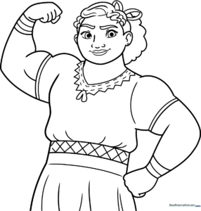 Black and white line art of Luisa from Encanto featuring her signature braided hair and outfit, ready for children to color.