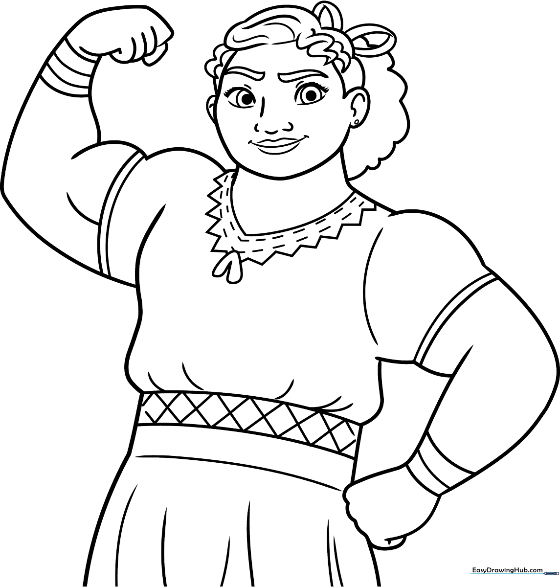 Black and white line art of Luisa from Encanto featuring her signature braided hair and outfit, ready for children to color.