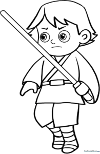 Line art illustration of Luke Skywalker in his iconic Jedi tunic, featuring clear outlines for easy coloring by children.