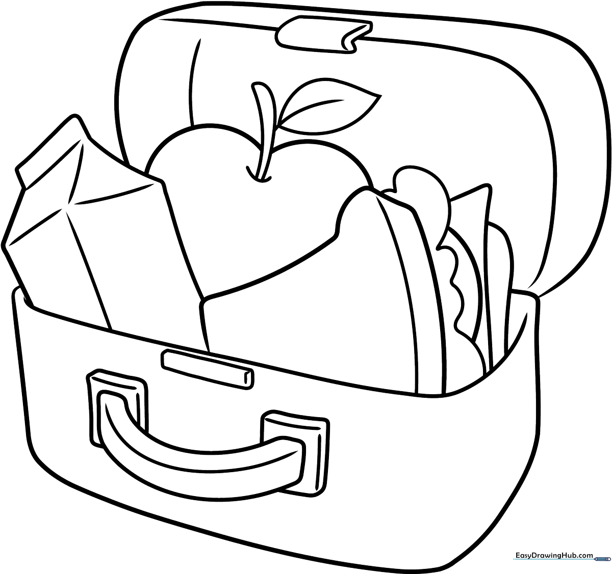 A clean, black-and-white line art illustration of a rectangular lunch box with a handle, featuring bold outlines for easy coloring by children.