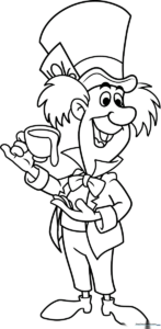 Black and white line art of the Mad Hatter wearing his signature oversized top hat, ready for coloring with markers or crayons.