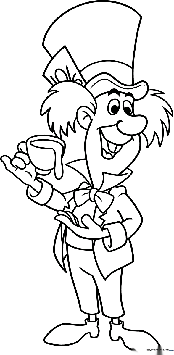 Black and white line art of the Mad Hatter wearing his signature oversized top hat, ready for coloring with markers or crayons.