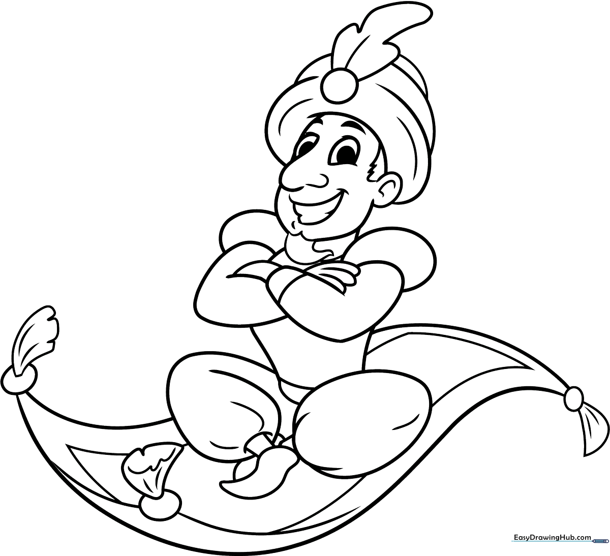 Line art illustration of a person sitting on a flying magic carpet with intricate patterns, designed for children to color.