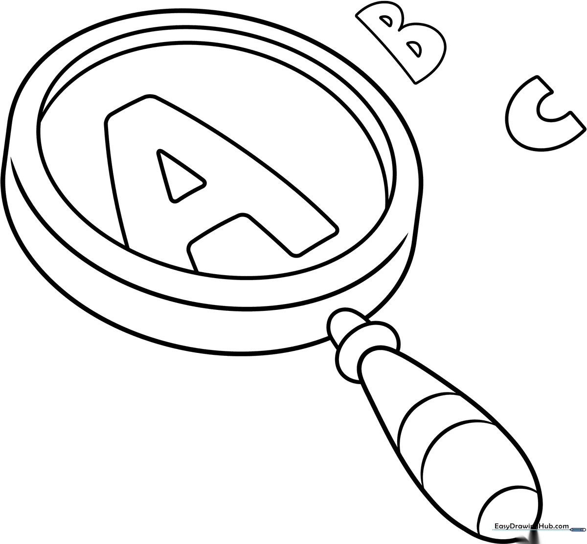 A clean, bold-lined magnifying glass illustration ready for coloring, featuring a large circular lens and a sturdy handle.