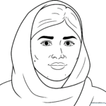Clean line art portrait of Malala Yousafzai wearing a headscarf, designed as an educational coloring page for children.