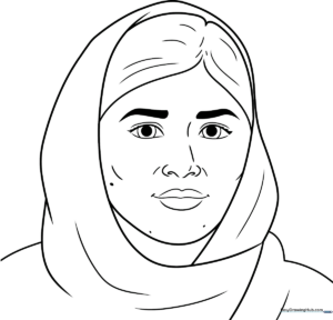 Clean line art portrait of Malala Yousafzai wearing a headscarf, designed as an educational coloring page for children.